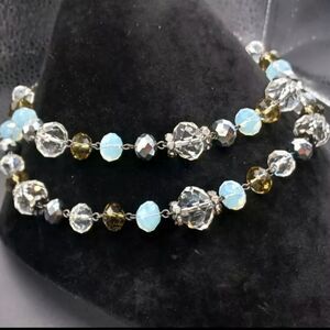 Trifari Marked 2 Strand Blue Clear Glass Beaded Silvertone Statement Necklace